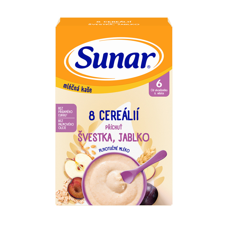 SUNAR Mléčná kaše 8 cereálií švestka jablko 210 g