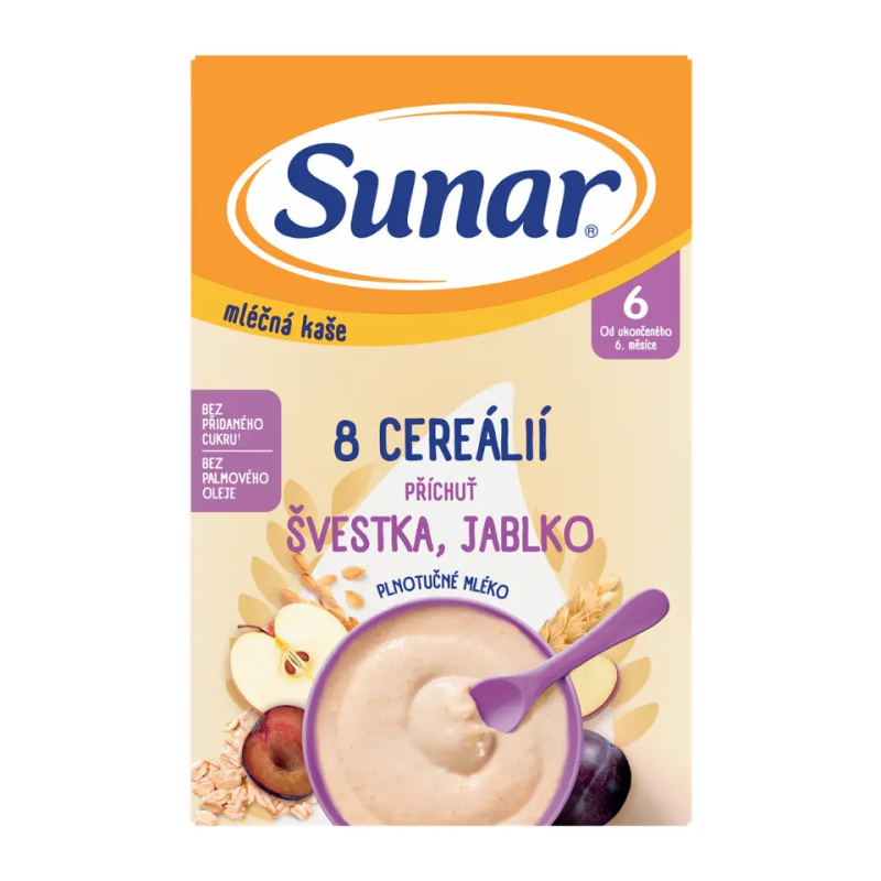 SUNAR Mléčná kaše 8 cereálií švestka jablko 210 g