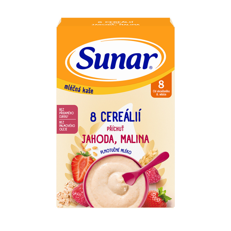 SUNAR Mléčná kaše 8 cereálií jahoda malina 8m+ 210 g