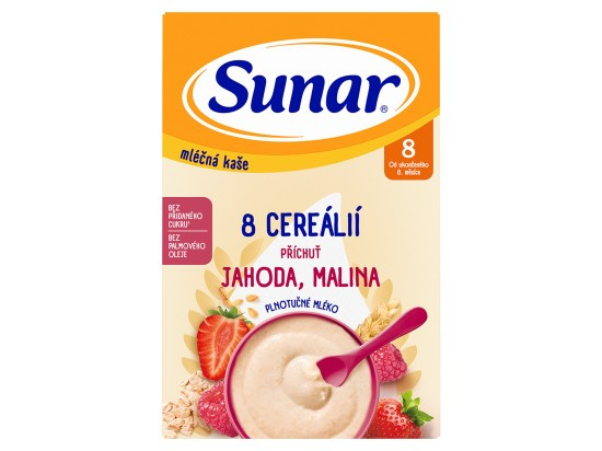 SUNAR Mléčná kaše 8 cereálií jahoda malina 8m+ 210 g