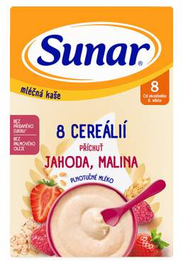 SUNAR Mléčná kaše 8 cereálií jahoda malina 8m+ 210 g