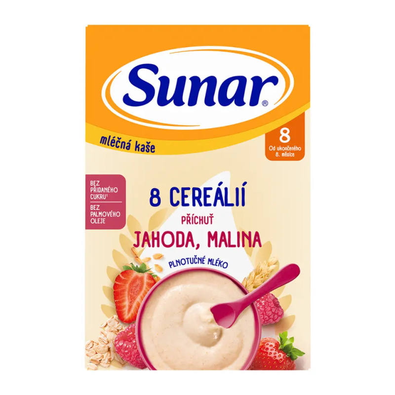SUNAR Mléčná kaše 8 cereálií jahoda malina 8m+ 210 g