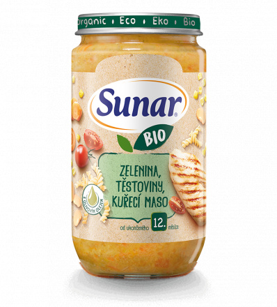 SUNAR Příkrm zelenina těstoviny kuřecí maso 12m+ BIO 235 g