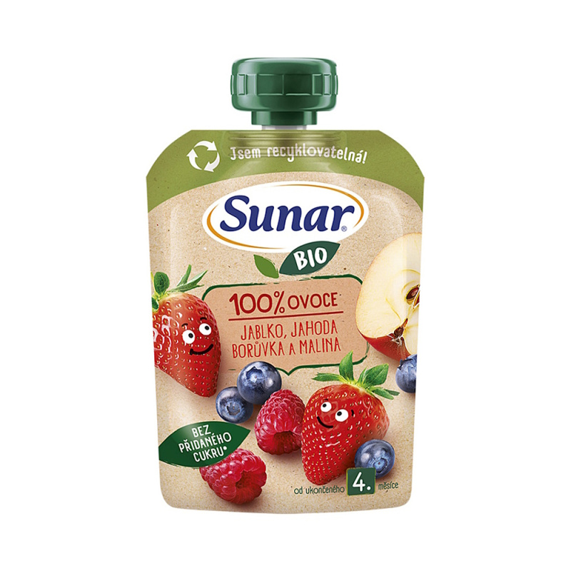Sunar BIO ovocná kapsička Jablko jahoda borůvka malina 4m+, 100g