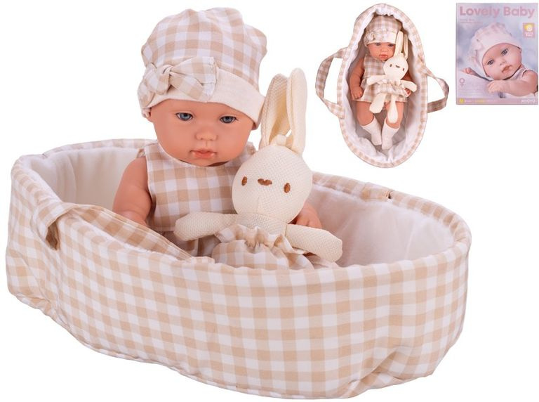 Miminko tvrdé tělo 33 cm s nosítkem pro miminka a zajíčkem