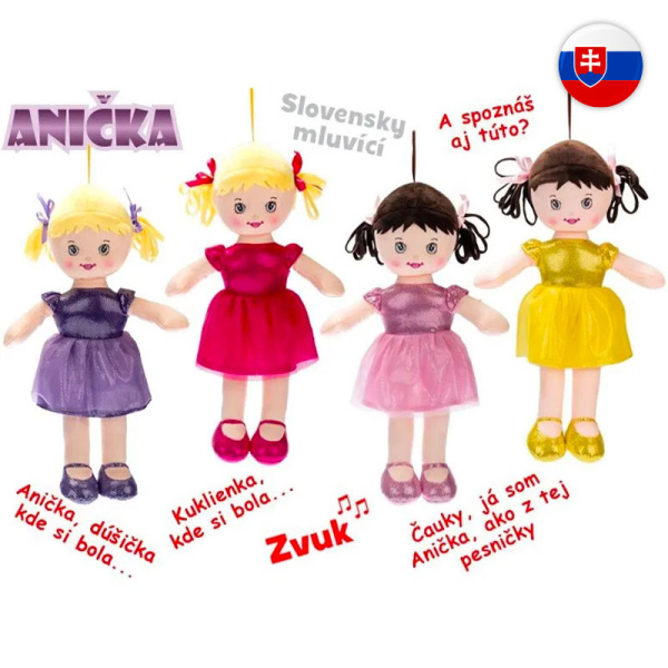 Panenka Anička hadrová 32cm na baterie slovensky mluvící a zpívající 4barvy v sáčku