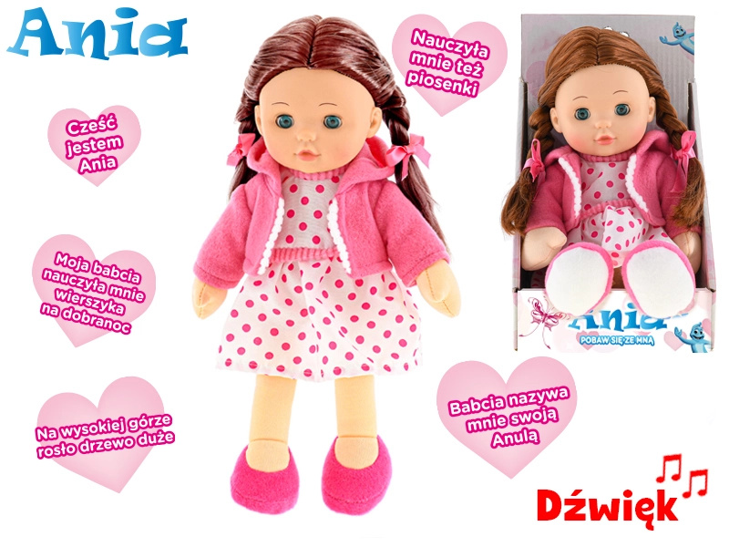 Interaktivní panenka Ania s měkkým tělíčkem, mluvící polsky, 31 cm