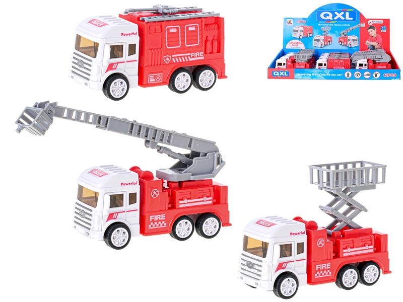 Hasičské auto na setrvačník 12–13 cm, 3 druhy, 12 ks v boxu