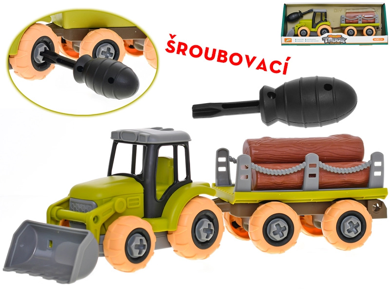 Šroubovací traktor s vlečkou a kládami 28 cm