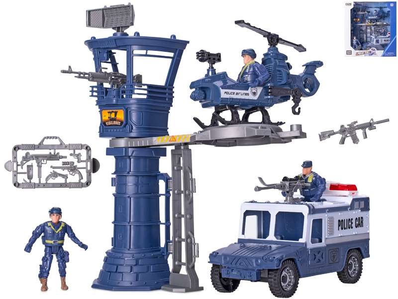 Policajní auto na setrvačník s figurkami a vrtulníkem, 20 cm