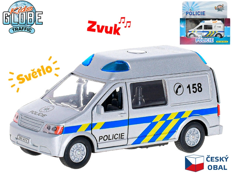 Auto policie 13cm kov zpětný chod na baterie se světlem a zvukem v krabičce