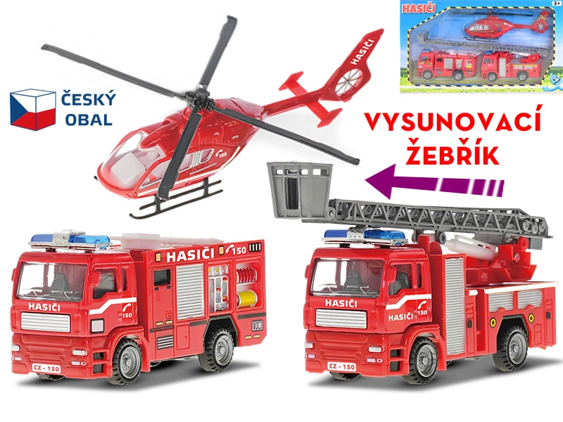 Sada auta hasiči CZ kov 12-18cm volný chod 3ks v krabičce