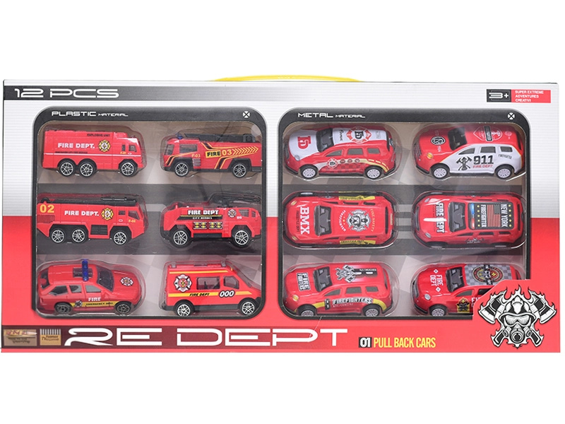Sada hasičských autíček 12 ks s volným a zpětným chodem