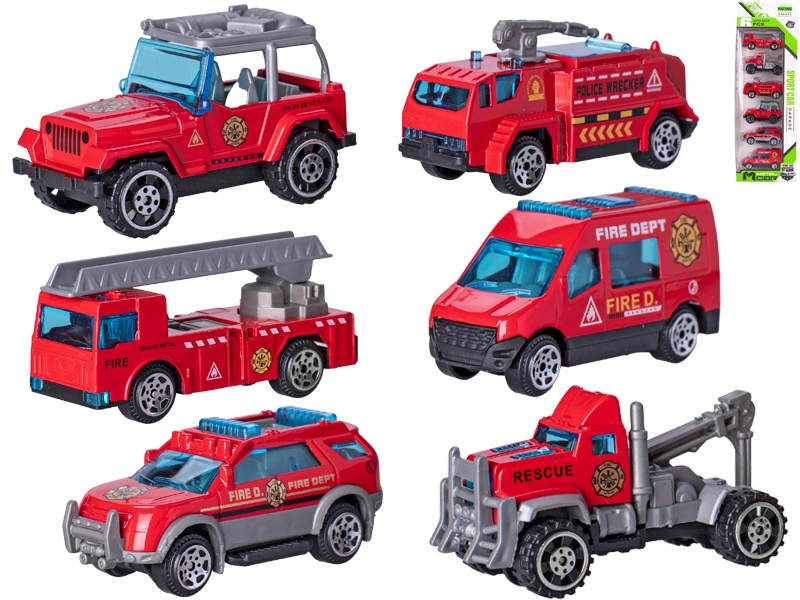 Sada kovových hasičských autíček 7 cm, 6 ks