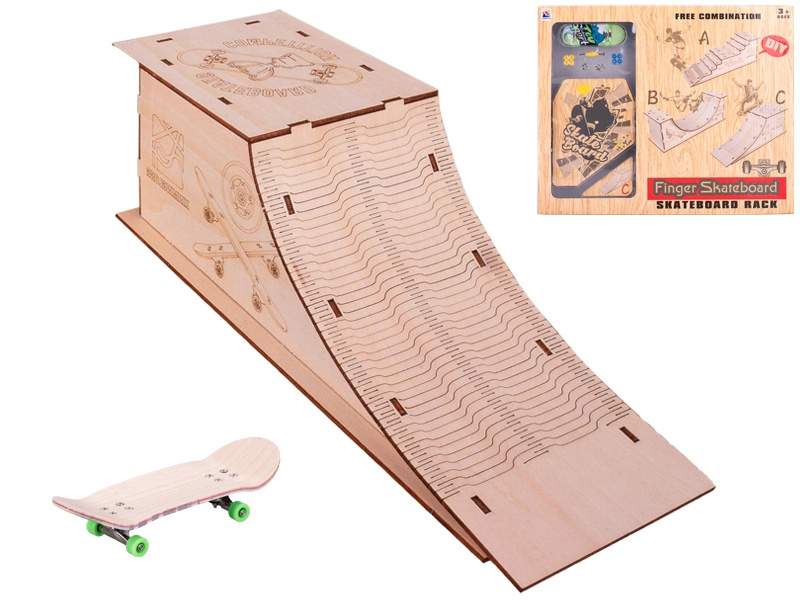 skateboard 10 cm s dřevěnou rampou – kovový mini fingerboard set