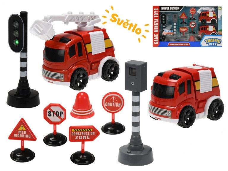 Hasičská vozidla 10 cm na setrvačník s doplňky na baterie se světlem