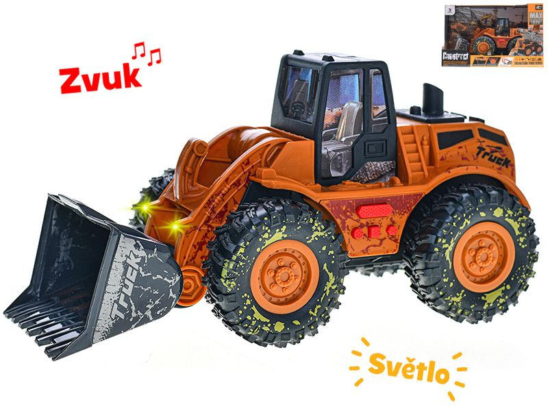 Traktor nakladač 25 cm na setrvačník na baterie se světlem a zvukem v krabičce
