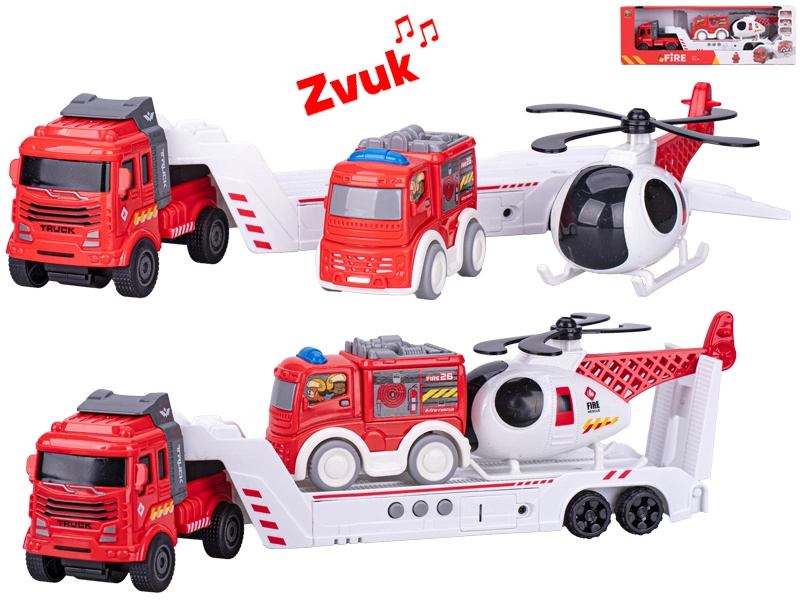 Hasičský set se zvuky a setrvačníkem, nákladní auto 30 cm + 2 vozidla