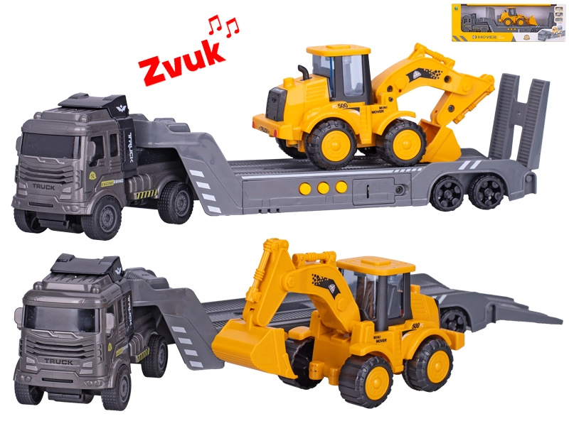 Herní set stavebních strojů s nákladním autem a bagrem, setrvačník a zvuky