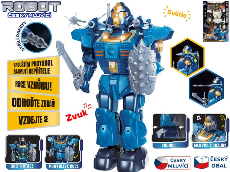 Mikro Trading Robot 33cm na baterie česky mluvící chodící s doplňky, světlem a zvukem 2 barvy