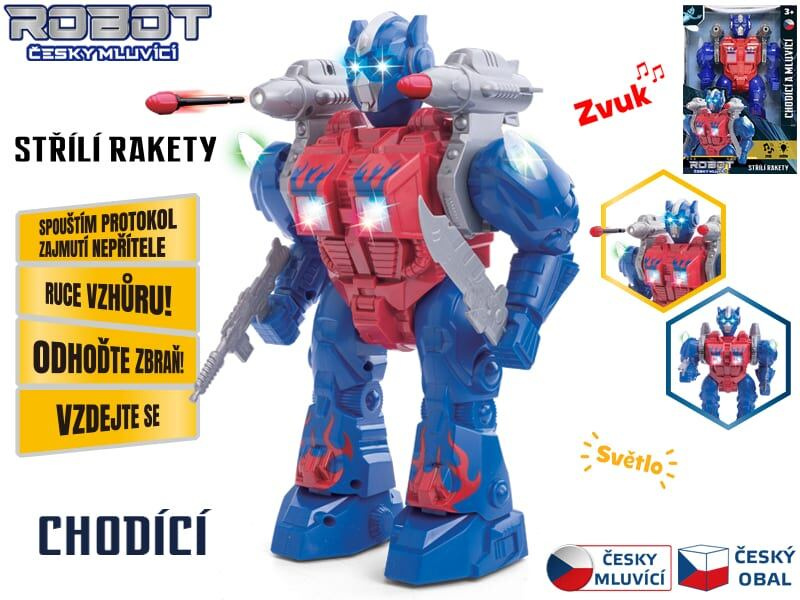 Mikro Robot 23cm na baterie česky mluvící chodící s doplňky, světlem a zvukem