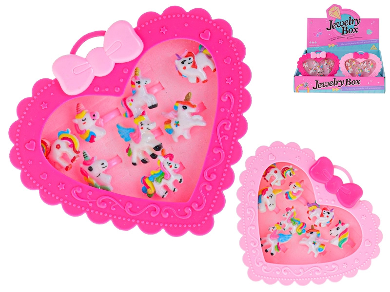 Sada nastavitelných dětských prstýnků s motivem jednorožce v srdíčkové krabičce, 12 ks