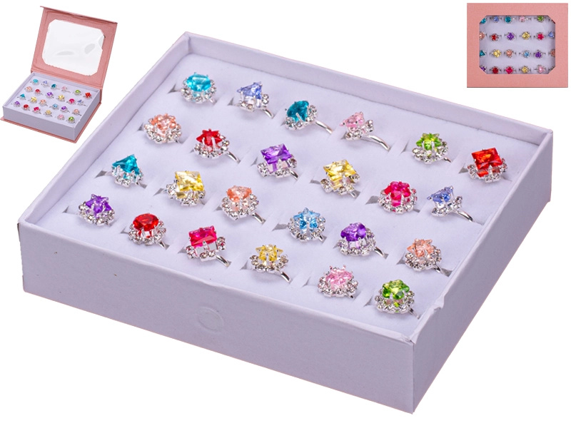 Sada dětských kovových prstýnků s barevnými kamínky, 24 ks