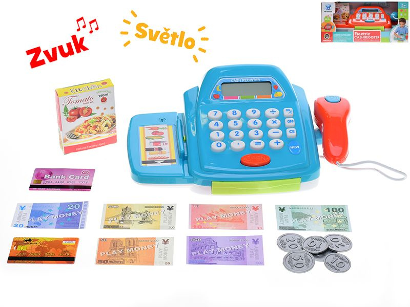 Mikro Registrační pokladna se scanerem a penězi na baterie se světlem a zvukem