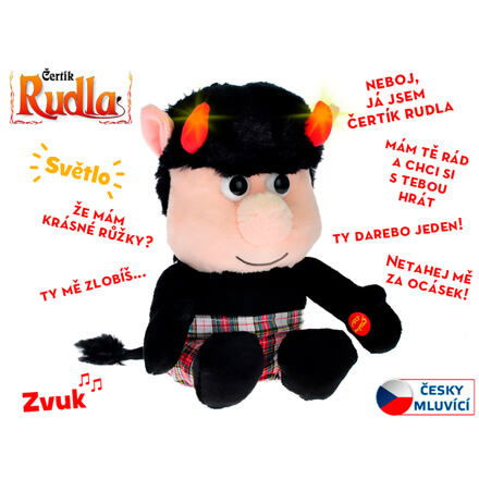 Mikro Trading Čertík Rudla plyšový 20cm sedící na baterie česky mluvící, svítící rohy