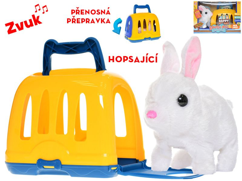Králíček plyšový 17 cm na baterie se zvukem skákající s přepravkou