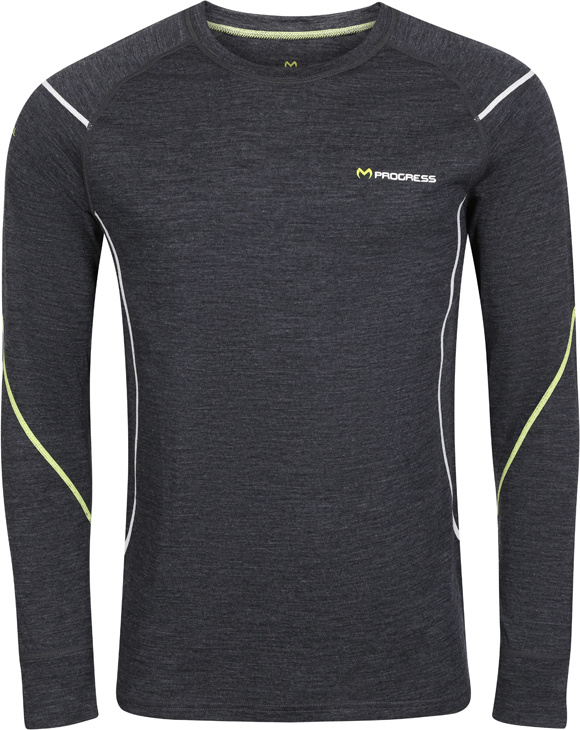 Pánské merino triko PROGRESS s dlouhým rukávem černý melír Velikost: M