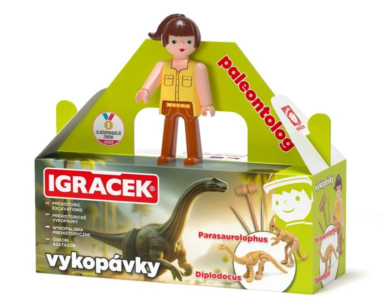 Igráček Paleontoložka - figurka s vykopávkami dinosaurů Parasaurolophuse a Diplodocuse
