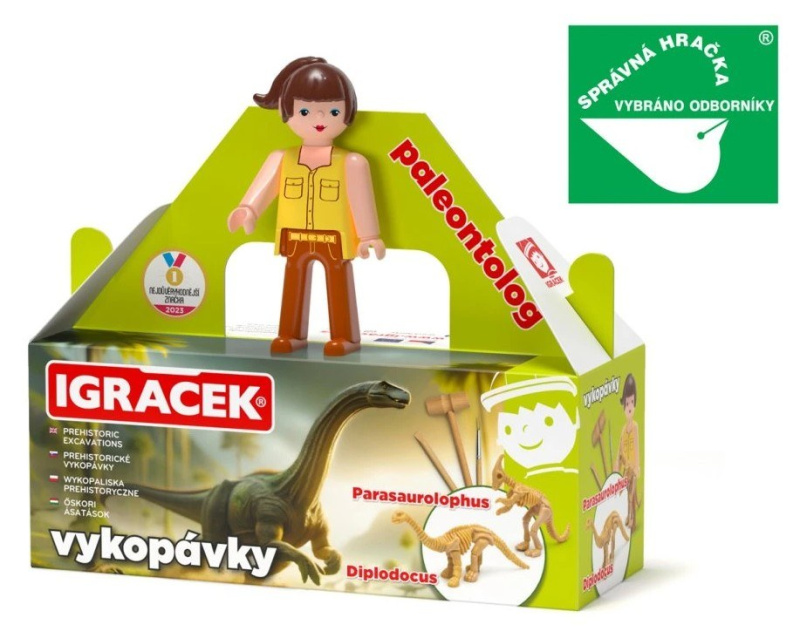 Igráček Paleontoložka - figurka s vykopávkami dinosaurů Parasaurolophuse a Diplodocuse