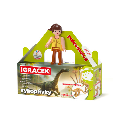 Igráček Paleontoložka - figurka s vykopávkami dinosaurů Parasaurolophuse a Diplodocuse