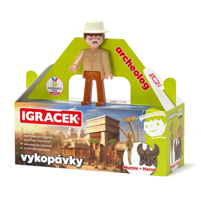 Igráček Archeolog - figurka s egyptskými vykopávkami masky faraona a sošky bohyně Bastet