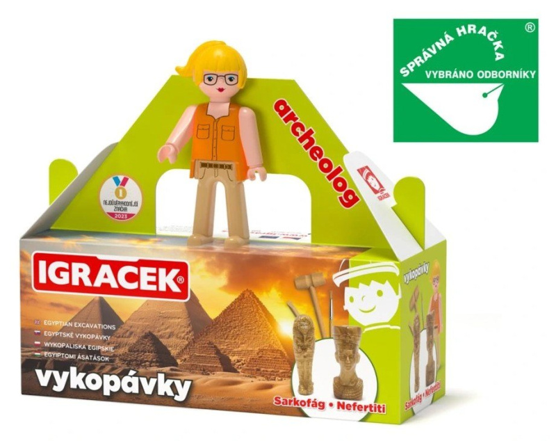 Igráček Archeoložka - figurka s egyptskými vykopávkami sarkofágu a sošky Nefertiti