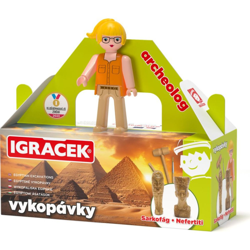 Igráček Archeoložka - figurka s egyptskými vykopávkami sarkofágu a sošky Nefertiti