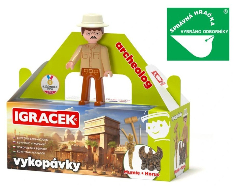 Igráček Archeolog - figurka s egyptskými vykopávkami mumie a sošky boha Hora