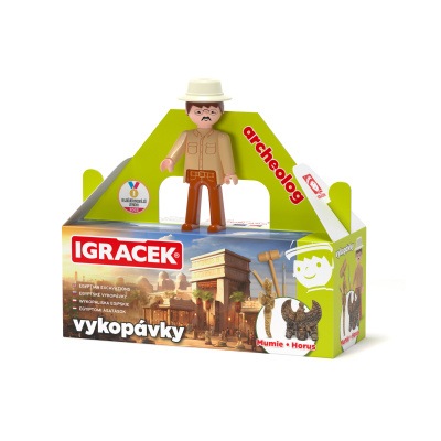 Igráček Archeolog - figurka s egyptskými vykopávkami mumie a sošky boha Hora