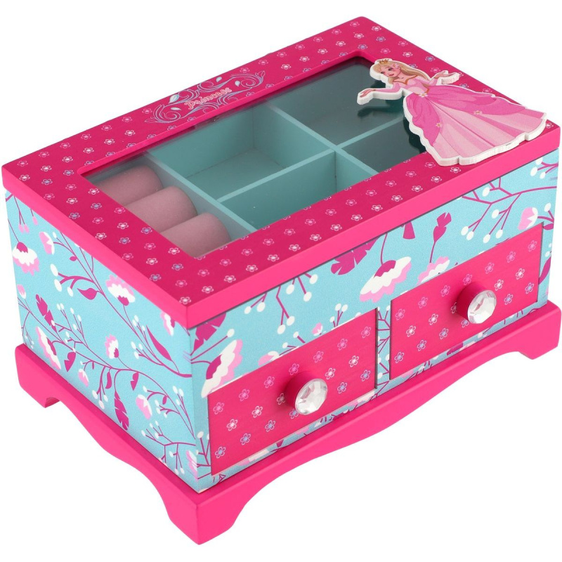 Teddies Skříňka šperkovnice Princess 2 zásuvky odklápěcí vrch dřevo 18x12,5x12cm v krabici