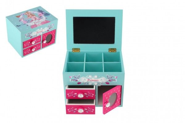 Teddies Skříňka šperkovnice Princess 3 zásuvky odklápěcí vrch se zrcátkem dřevo 16x12,5x12cm v krabici
