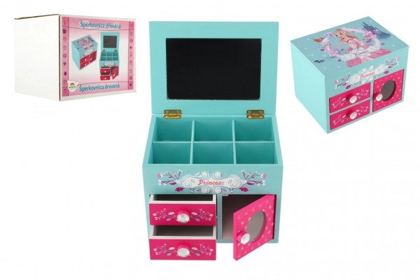 Teddies Skříňka šperkovnice Princess 3 zásuvky odklápěcí vrch se zrcátkem dřevo 16x12,5x12cm v krabici