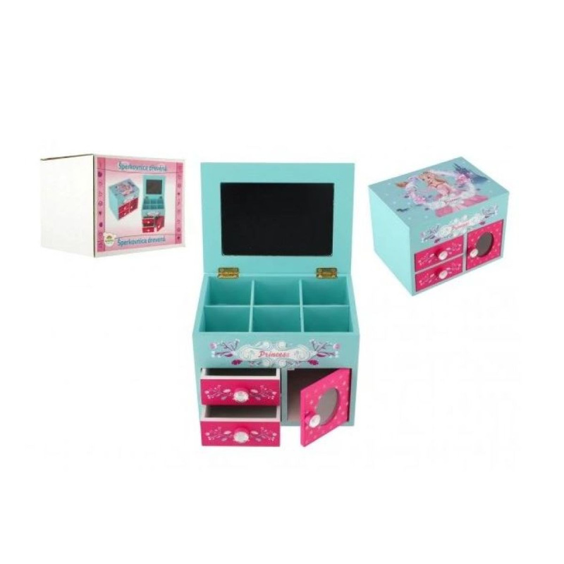 Teddies Skříňka šperkovnice Princess 3 zásuvky odklápěcí vrch se zrcátkem dřevo 16x12,5x12cm v krabici