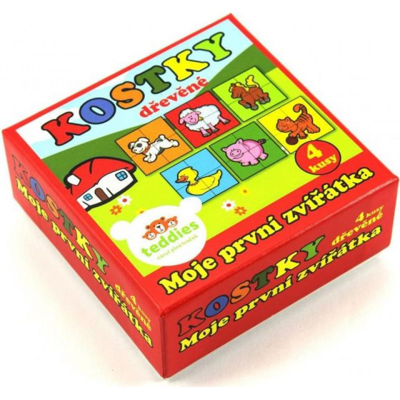 Kostky kubus čtyřkostka Moje první zvířátka dřevo 4ks v krabičce 8,5x8,5x4cm MPZ