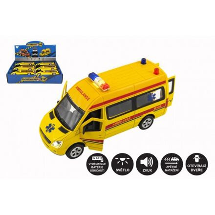 Teddies Auto ambulance kov/plast 15cm na baterie se světlem se zvukem na zpětné natažení 6ks v boxu