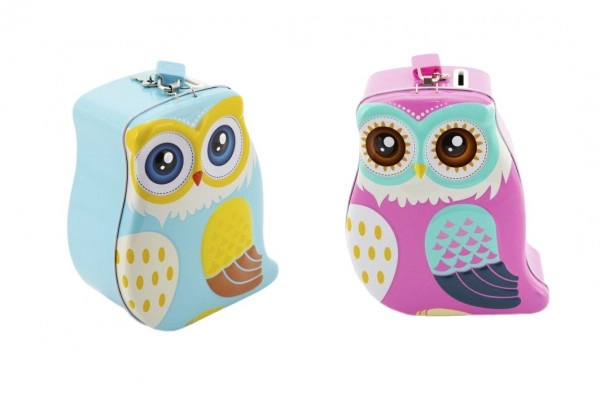 Teddies Pokladnička Sova plech se zámkem 16cm 2 barvy v sáčku