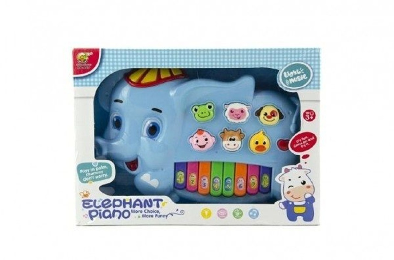 Teddies Piánko slon se zvířátky plast na baterie se zvukem se světlem v krabici 32x23x6 cm 28 cm