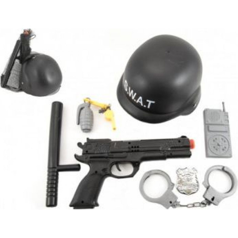 Sada SWAT helma+pistole na setrvačník s doplňky plast v síťce
