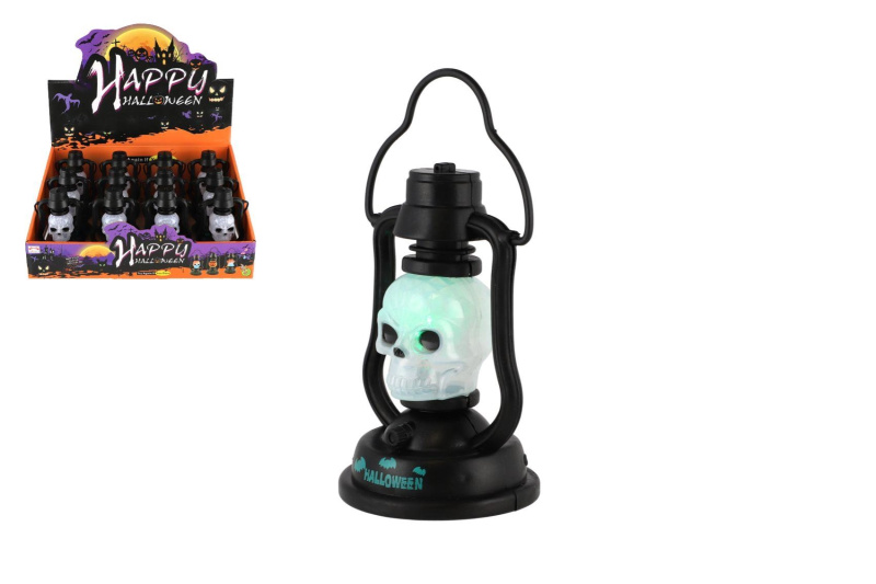 Mini halloweenská lucerna s lebkou na baterie, světlo a zvuk 7 × 12 cm