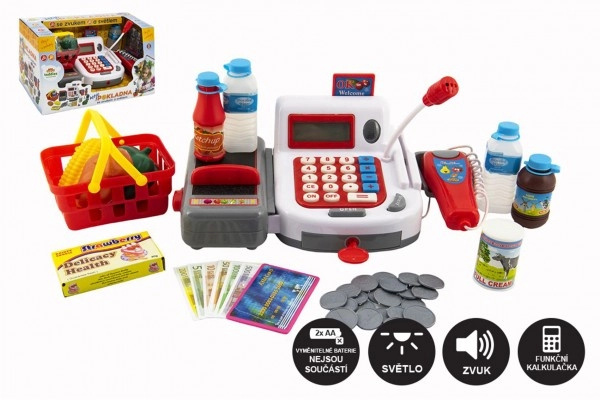 Teddies Pokladna digitální plast 29cm s doplňky na baterie se zvukem se světlem v krabici